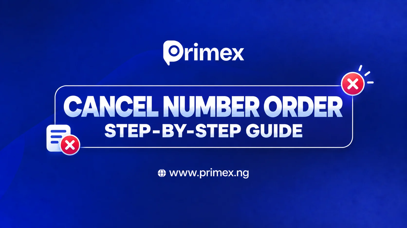 Primex guide cover showing a virtual-number order on a mobile phone with a cancellation icon.