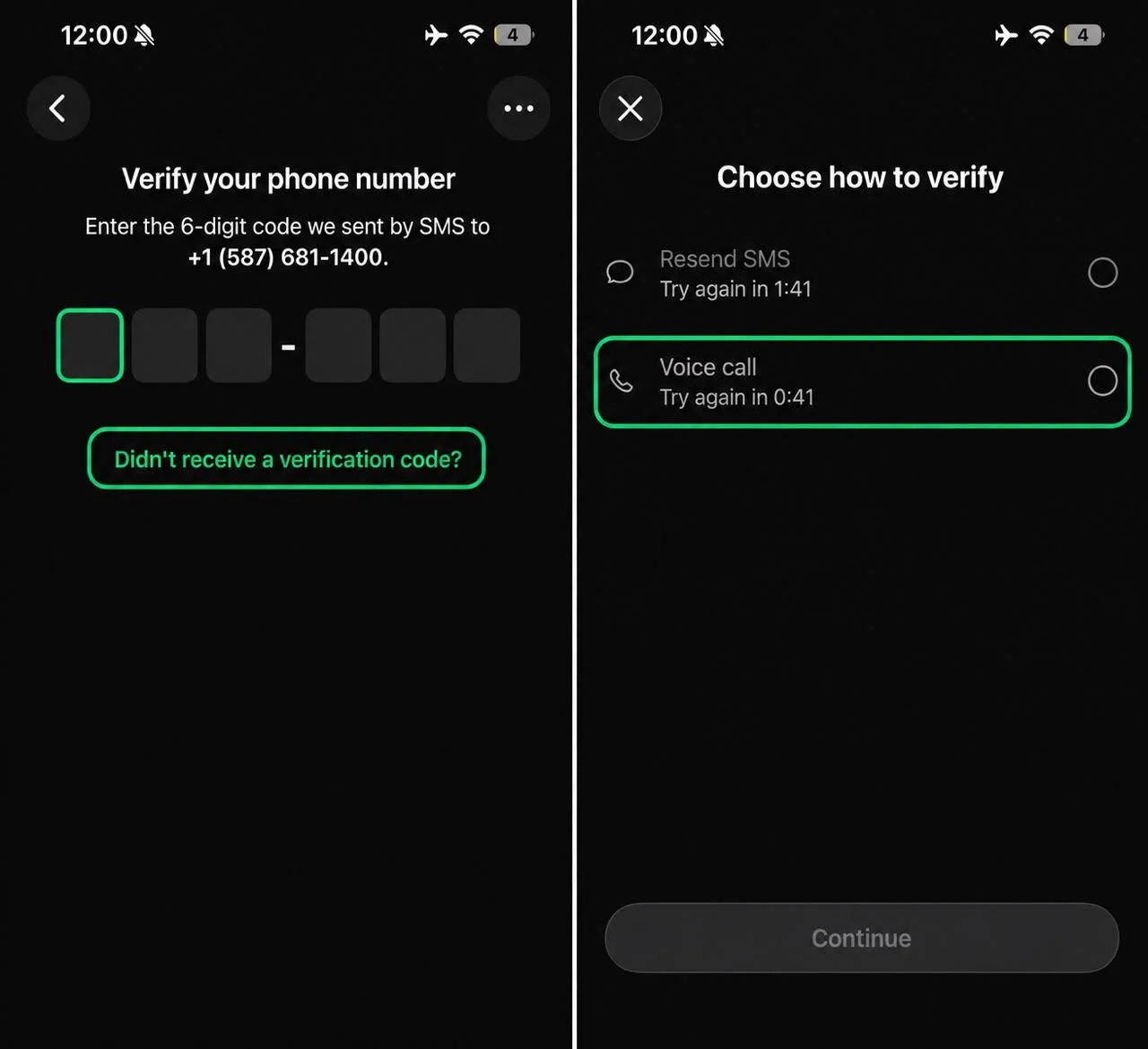 WhatsApp verification screen showing the “Didn't receive a verification code?” and “Voice call” options.